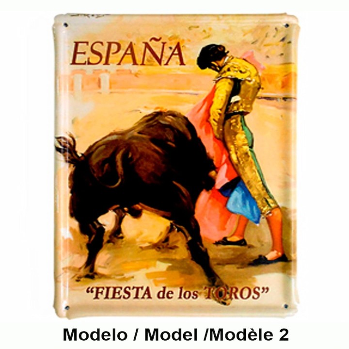Vintage bullfighting metal tin sign España Fiesta de los Toros featuring a matador with capote and bull - Model 2