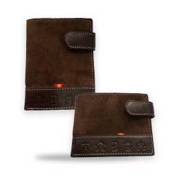Cartera de ante marrón con bandera de España y hierros, modelos con cierre