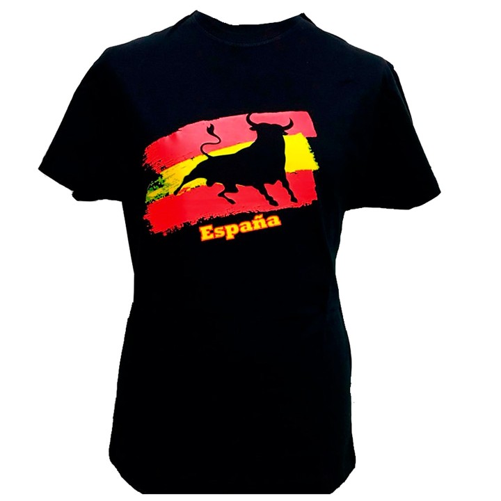 T-shirt nera con toro e bandiera spagnola per adulto