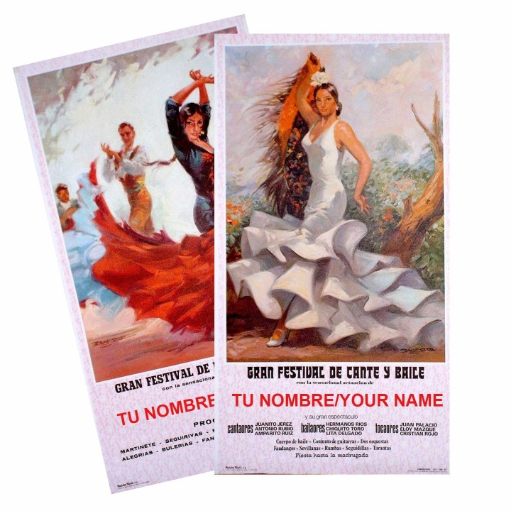 Carteles flamencos vintage personalizables con tu nombre con bailaoras de vestido blanco y rojo.