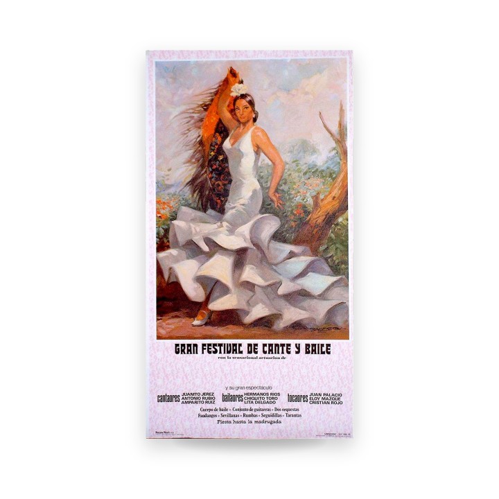 Cartel flamenco vintage Gran Festival de Cante y Baile, bailaora con mantón de Manila