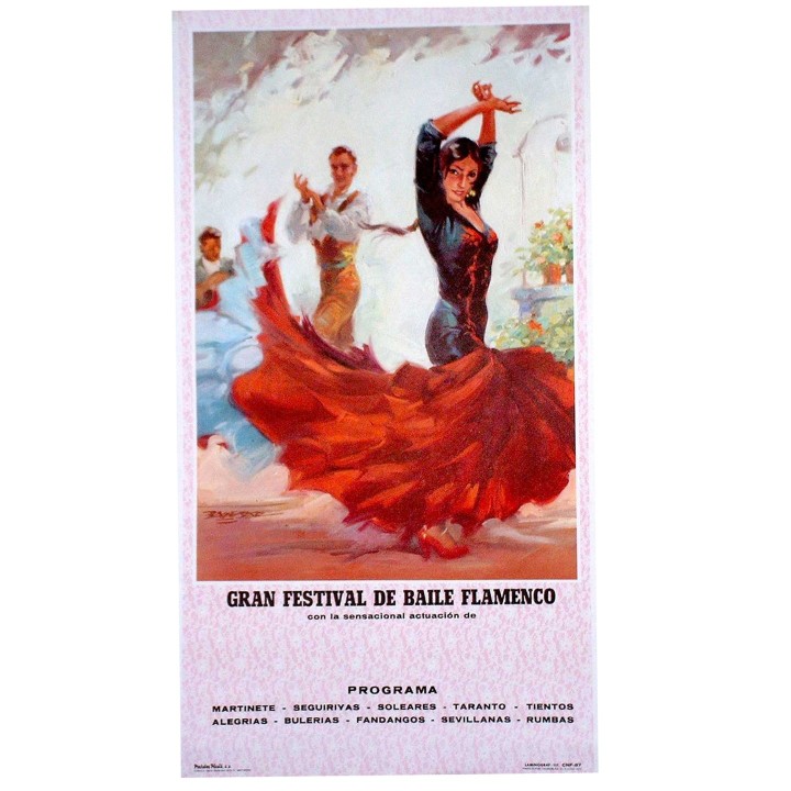 Vintage Gran Festival de Baile Flamenco poster, dancer in a red dress with train