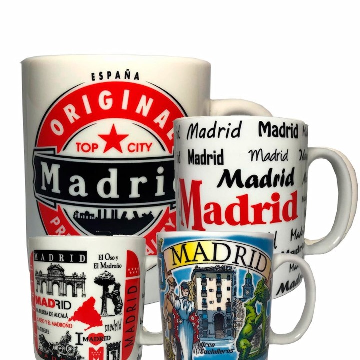 Colección de tazas de cerámica modelo Madrid con diseños de monumentos tipografía y vintage