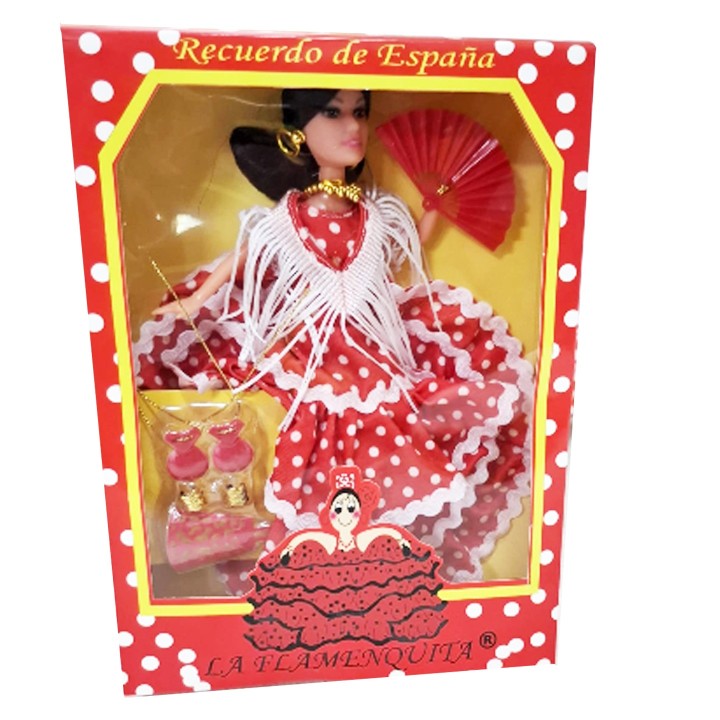 Poupée de flamenco La Flamenquita, robe rouge à pois blancs