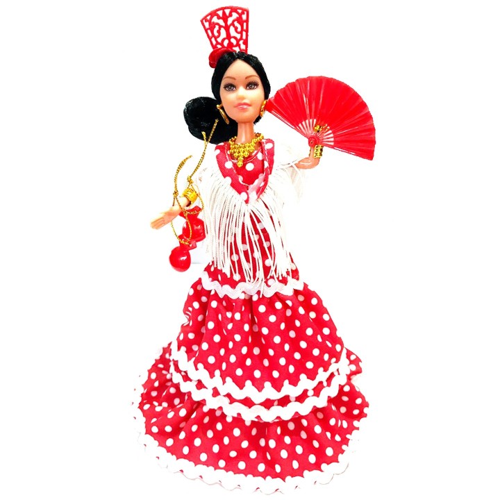 Bambola flamenco La Flamenquita con ventaglio e abito a pois