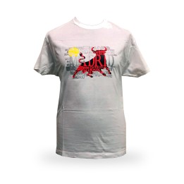 T-shirt bianca con toro e sole di Madrid per adulto
