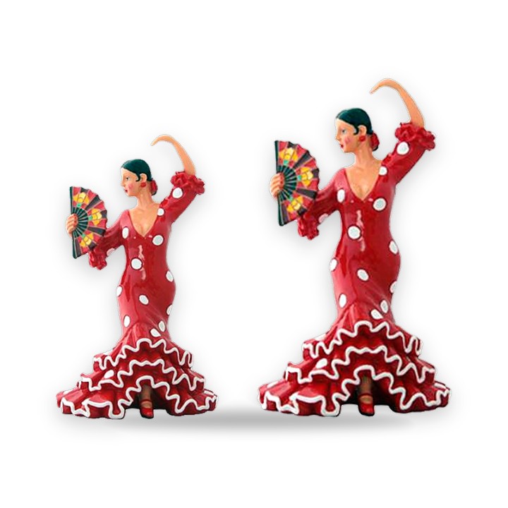 Figurine de danseuse à l'éventail, robe rouge à pois blancs