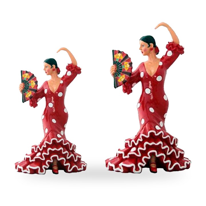 Figura de bailaora com leque, vestido vermelho com bolinhas brancas