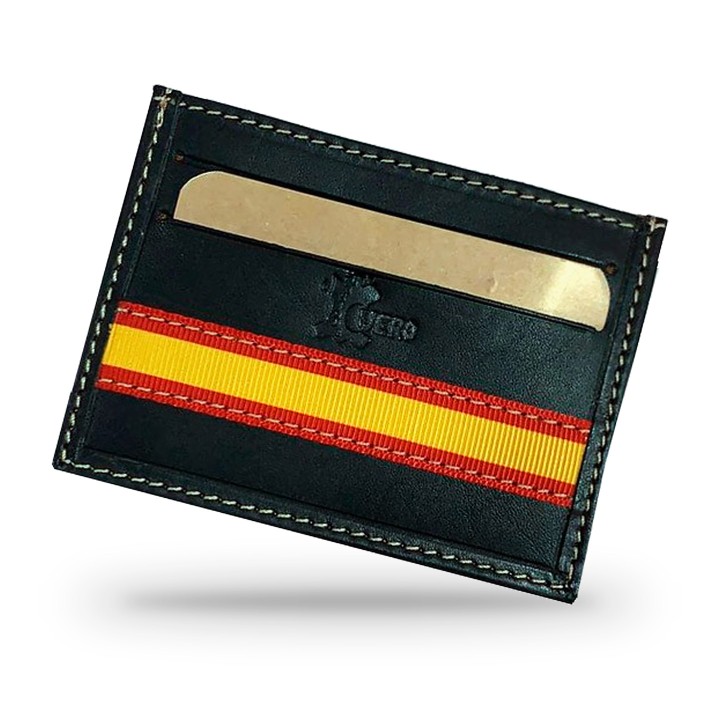 Men's black leather card holder with Spanish flag stripe and stitched trim - Spain souvenir gift