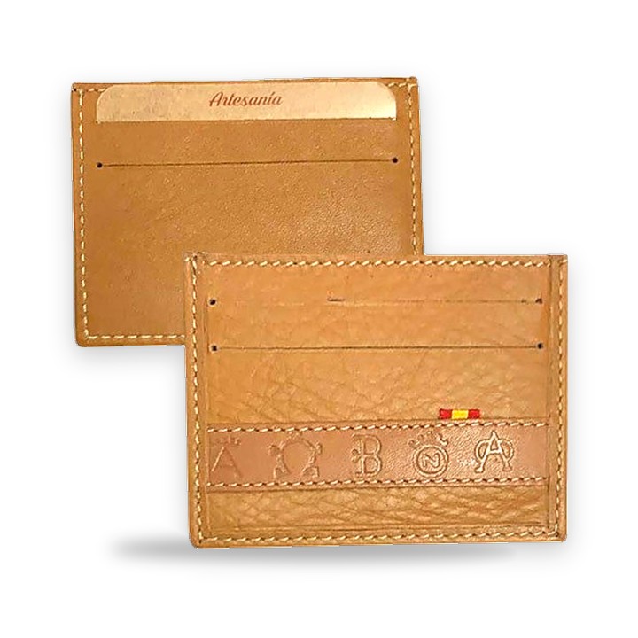 Leather card holder with Spanish bull ranch brands – close-up of the brands