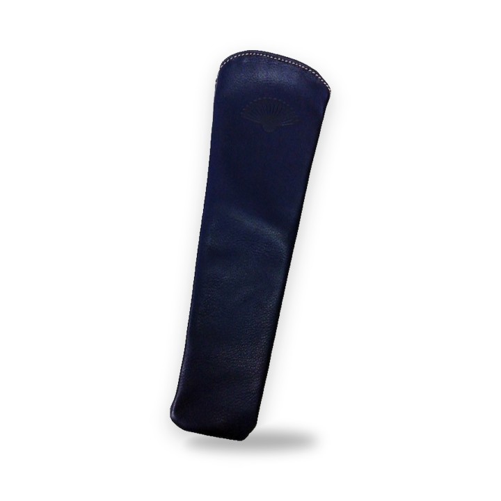 Leather hand fan case in navy blue, with engraved fan