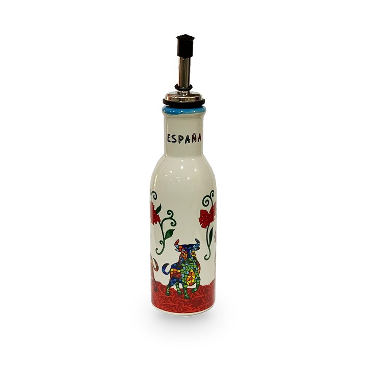 Ölflasche aus Keramik mit Stier im Trencadís-Mosaik