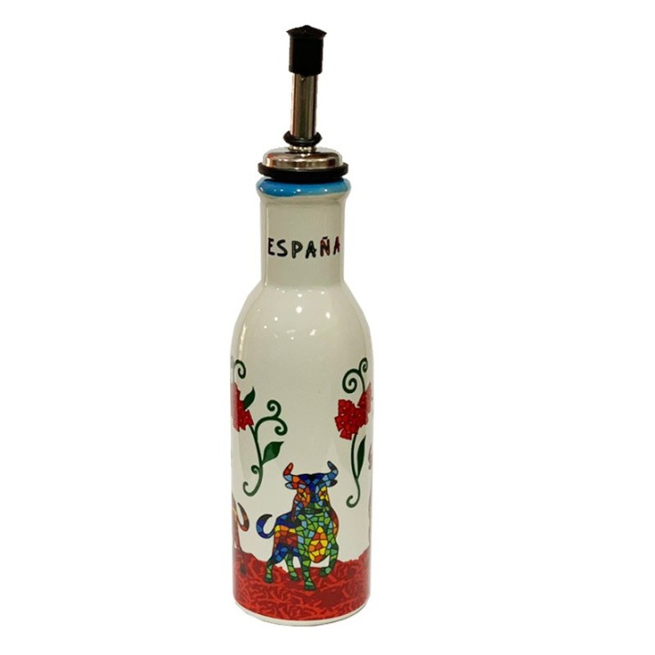 Ceramic olive oil dispenser bottle Spanish mosaic trencadis style bull and carnations Espana - ZiNGS