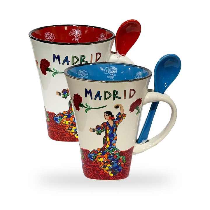 Caneca flamenca com colher, mosaico de bailaora e Madrid