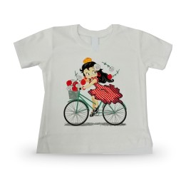 Maglietta bianca per bambina con flamenca in bicicletta