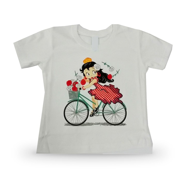 Maglietta bianca per bambina con flamenca in bicicletta