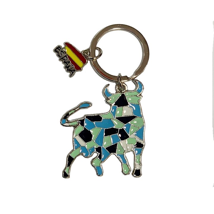 Porta-chaves de touro de Espanha, modelo 5 com touro de mosaico azul