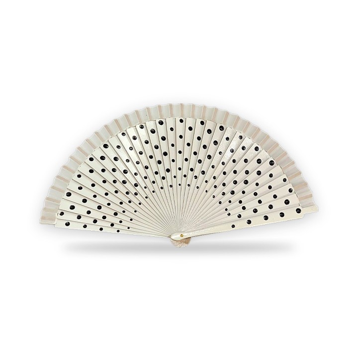 Abanico flamenco de madera con lunares, blanco y negro