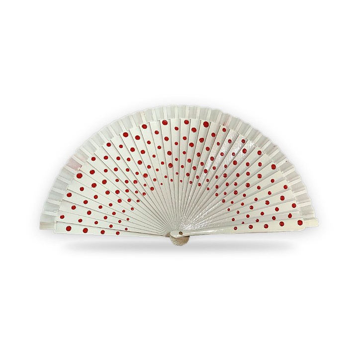 Abanico flamenco de madera con lunares, blanco y rojo