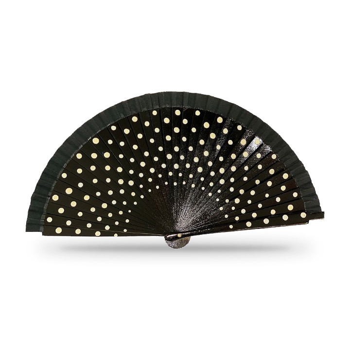 Leque flamenco de madeira com bolinhas, preto e branco