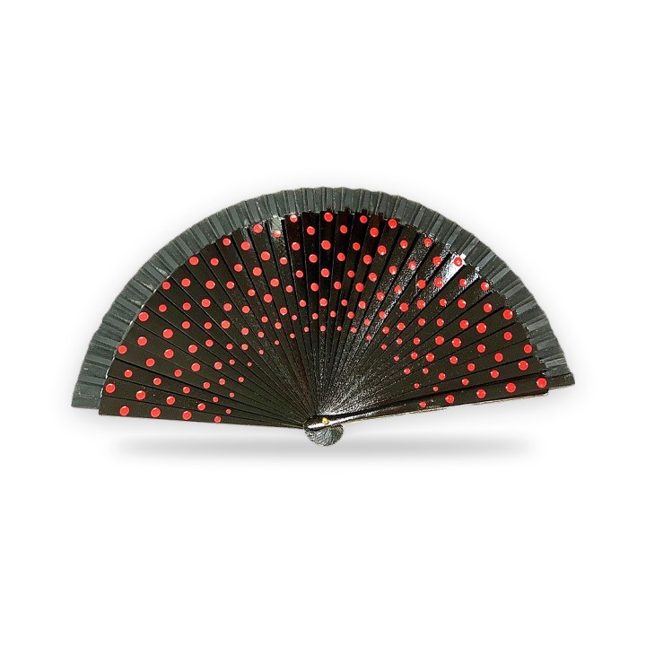 Polka dot wooden flamenco hand fan, black and red