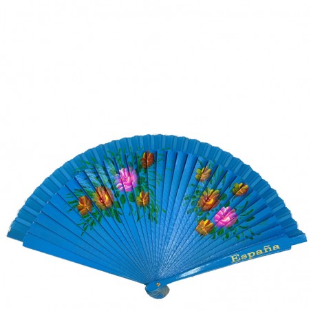 Abanico de madera con flores "España" azulon