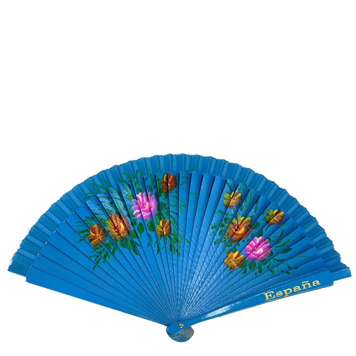 Ventaglio in legno con fiori e la scritta España, blu intenso