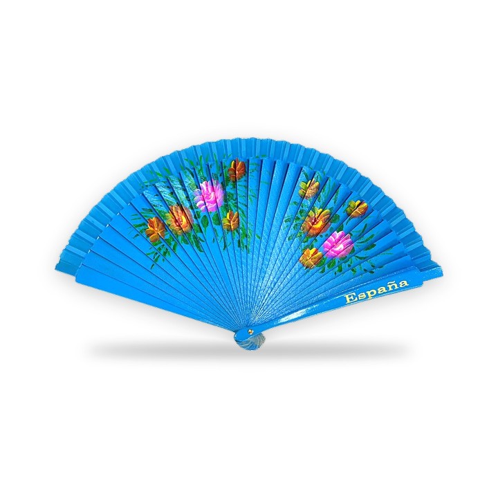Floral wooden hand fan with España lettering, royal blue