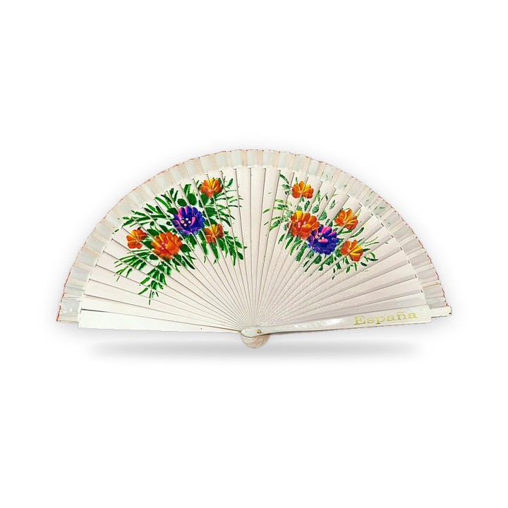 Éventail en bois à fleurs avec l'inscription España, blanc