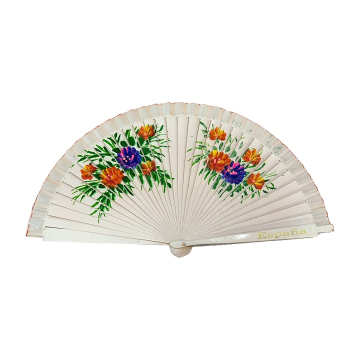 Fächer aus Holz mit Blumen und dem Schriftzug España, Weiß