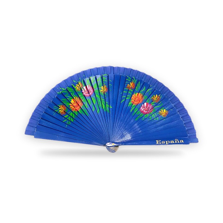 Abanico de madera con flores y la palabra España, azul