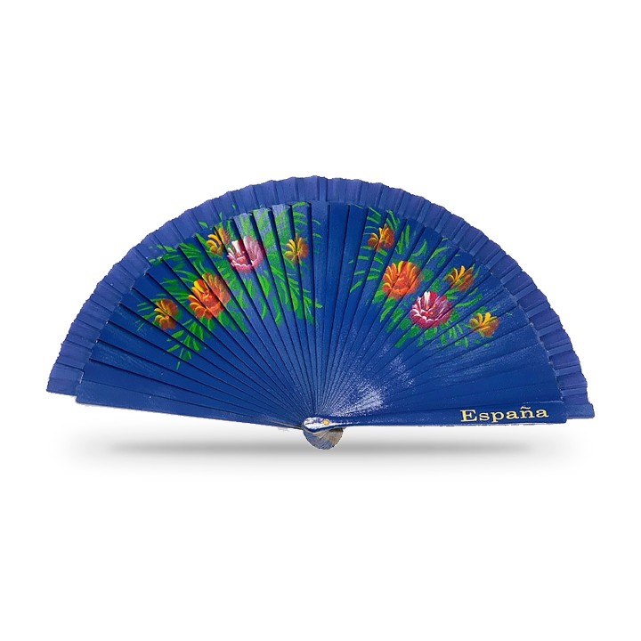 Ventaglio in legno con fiori e la scritta España, azzurro
