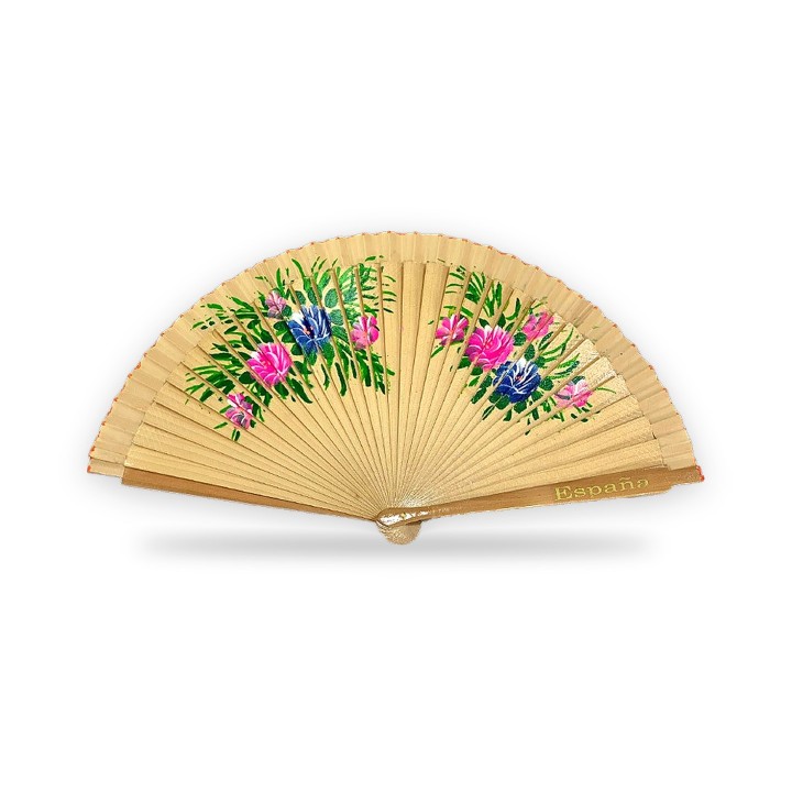 Abanico de madera con flores y la palabra España, beige