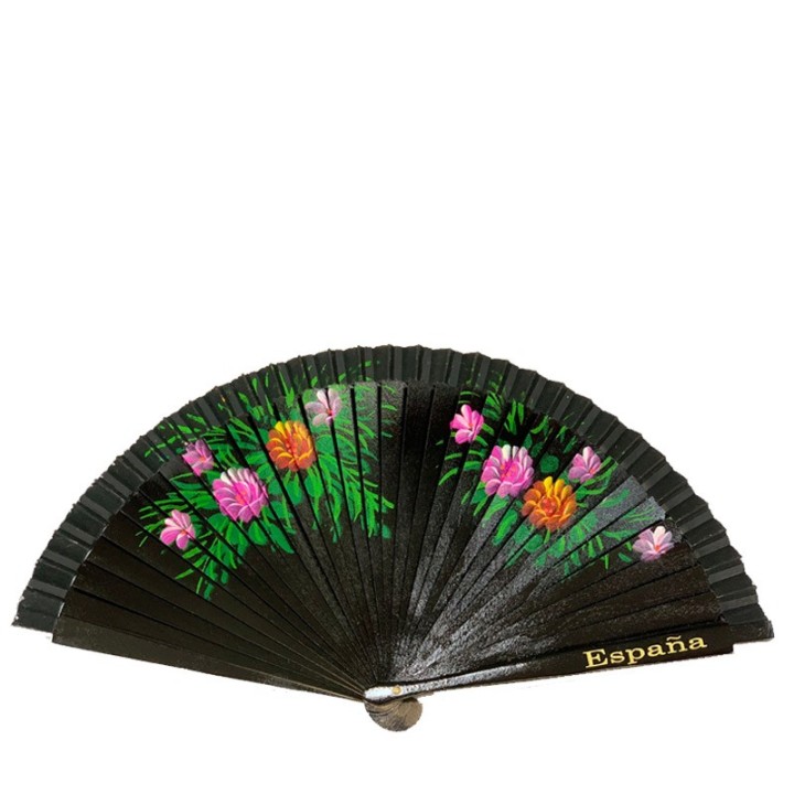 Abanico de madera con flores "España" negro