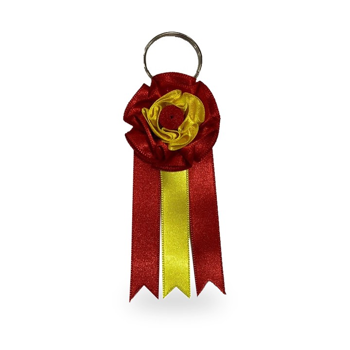 Divisa de ganadaria pequena tipo porta-chaves, vermelha e amarelo-ouro