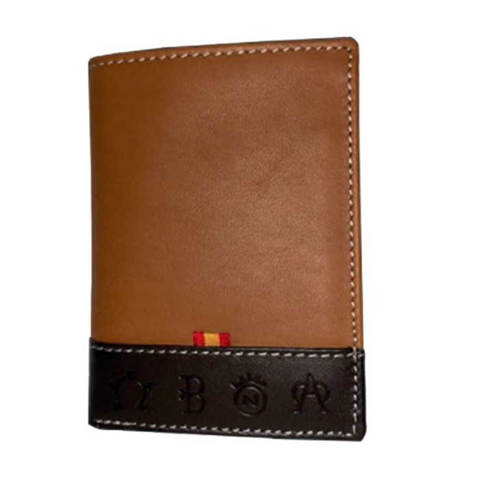 Brown leather men's wallet with Spanish bull ranch branding irons, bullfighting souvenir