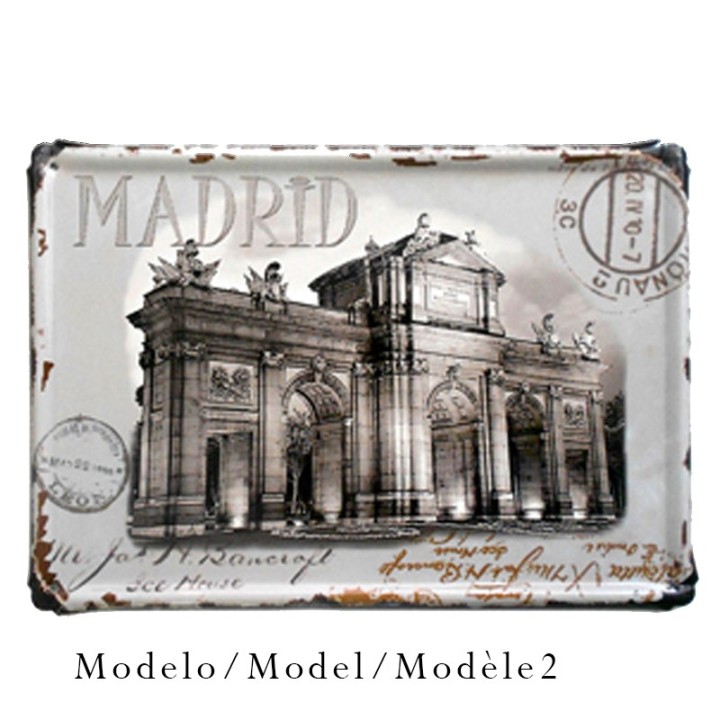 Vintage metal postcard sign with Puerta de Alcalá, Madrid wall decor souvenir