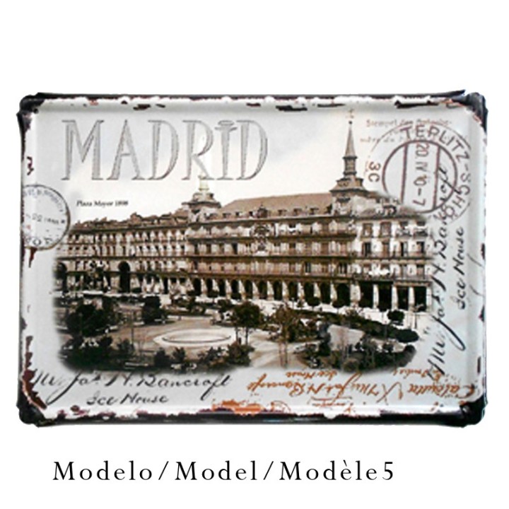 Vintage metal postcard sign with Puerta del Sol, Madrid wall decor souvenir