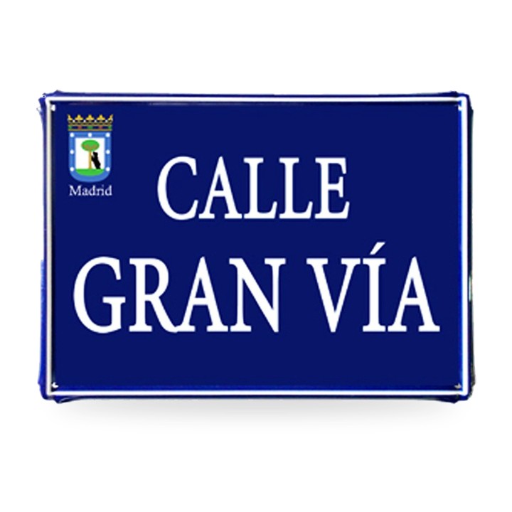 Blechschild Madrider Straßen, Modell Gran Vía blau mit Wappen