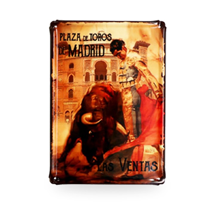 Placa de metal taurina vintage, lance taurino em Las Ventas (postal de 1934)