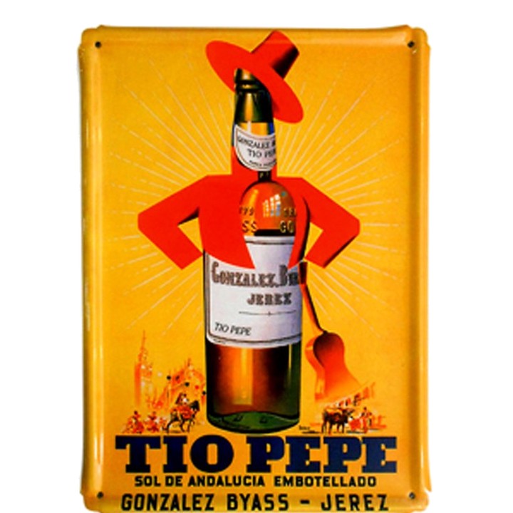 Placa de metal vintage, postal de Tío Pepe
