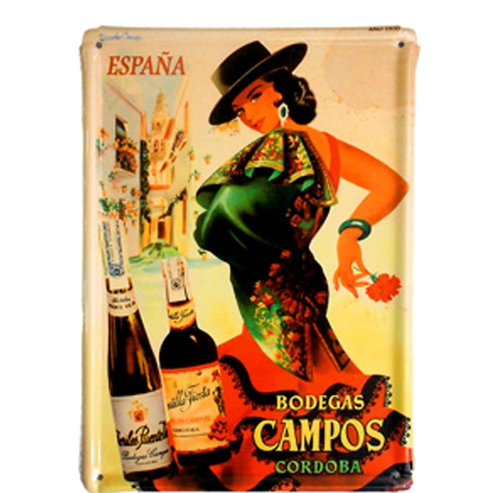 Vintage-Blechschild, Postkarte von Bodegas Campos