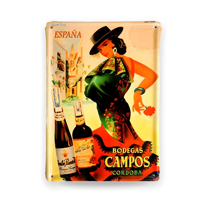 Plaque en métal vintage, carte postale Bodegas Campos