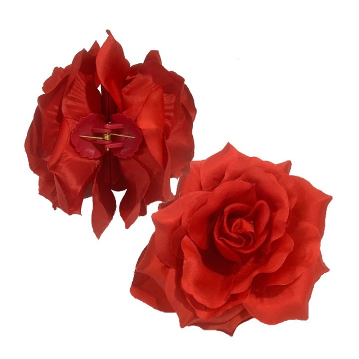 Pince à cheveux fleur rose rouge flamenco en tissu de coton pour chignon 11 cm - ZiNGS