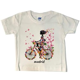 Weißes Kinder-T-Shirt Mädchen auf dem Fahrrad mit Schmetterlingen