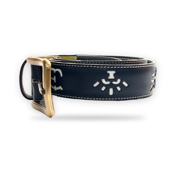 Leather bullfighting belt with ranch brands in black
