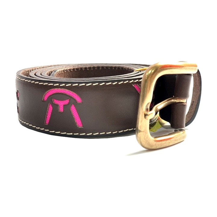 Ledergürtel mit Brandzeichen der Stierzuchten, in Braun und Fuchsia