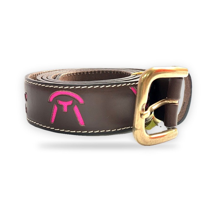 Leather bullfighting belt with ranch brands in brown and fuchsia