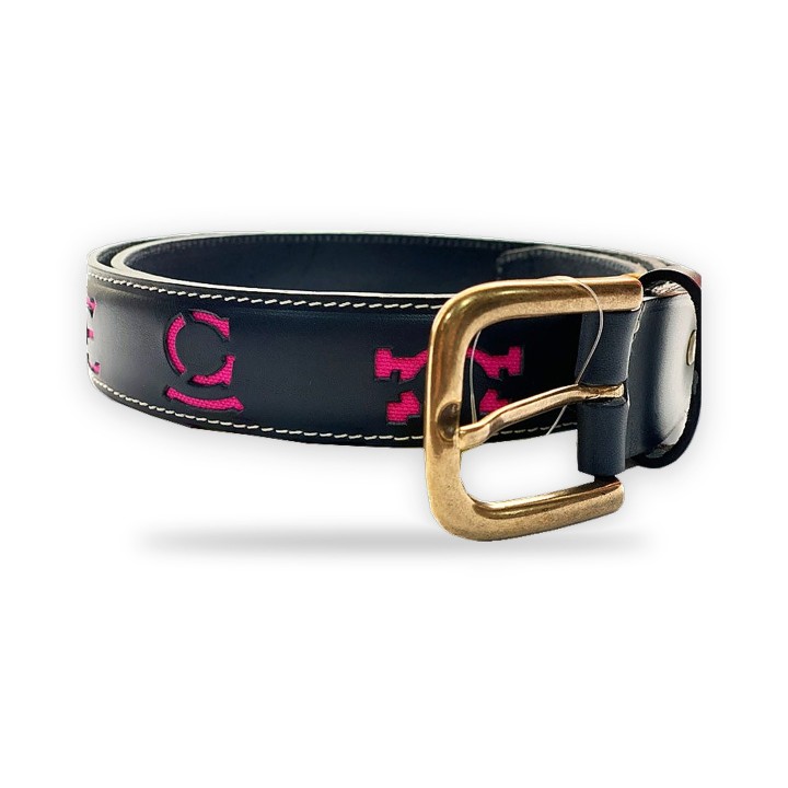 Ceinture taurine en cuir aux fers d'élevage, coloris bleu et fuchsia