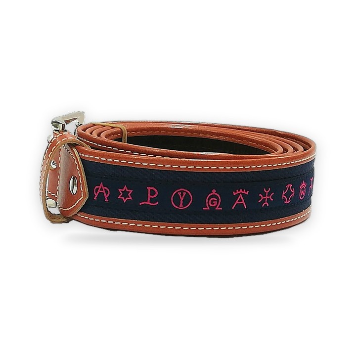 Ceinture taurine Ganaderías aux fers brodés, coloris bleu et fuchsia